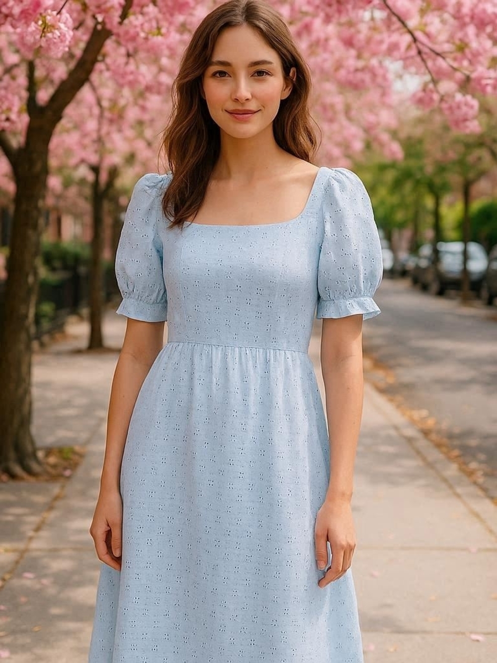 Light Blue Eyelet Midi Dress with Puff Sleeves